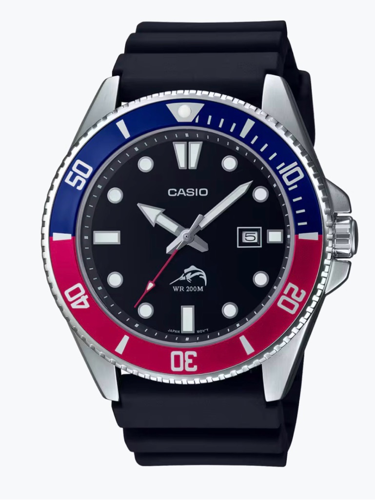 Casio Mens Pepsi Dive Watch With Blue And Red Bezel Rubber Strap Mens Watch